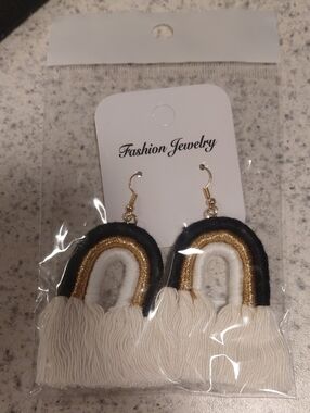 Fashion Jewelry Black, Gold & Cream Fringe Rainbow Earrings